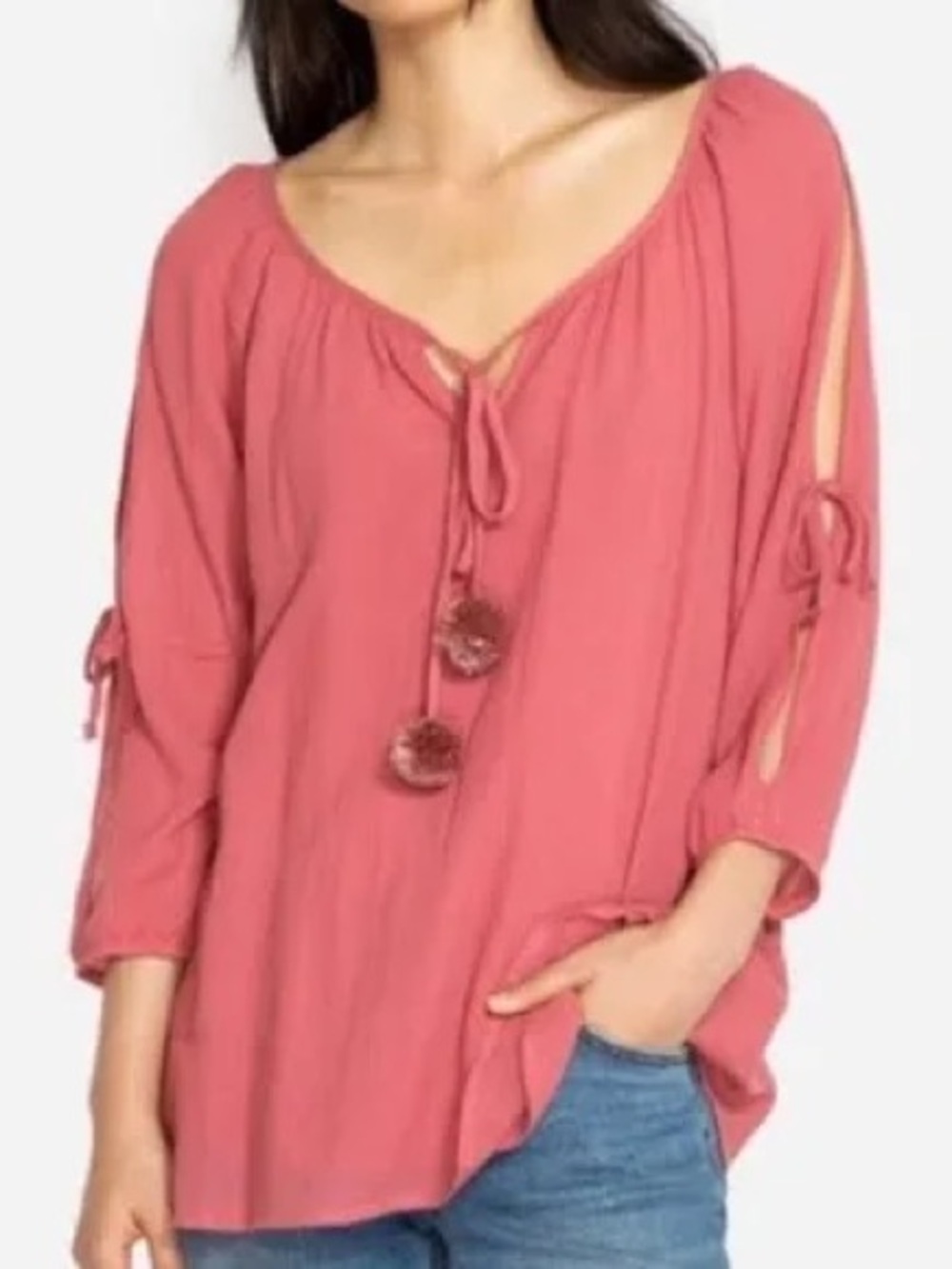 Johnny Was Calmé Gauze SET Split Sleeve Top in the guava color with skirt